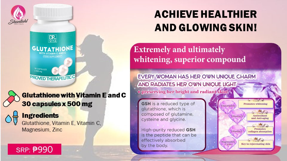 Dr. Vita Glutathione (with Vitamin E & Vitamin C) 500mg x 30 Capsules Shantahl Direct Sales Philippines Dr. Vita Glutathione (with Vitamin E & Vitamin C) 500mg x 30 Capsules Shantahl Direct Sales Philippines